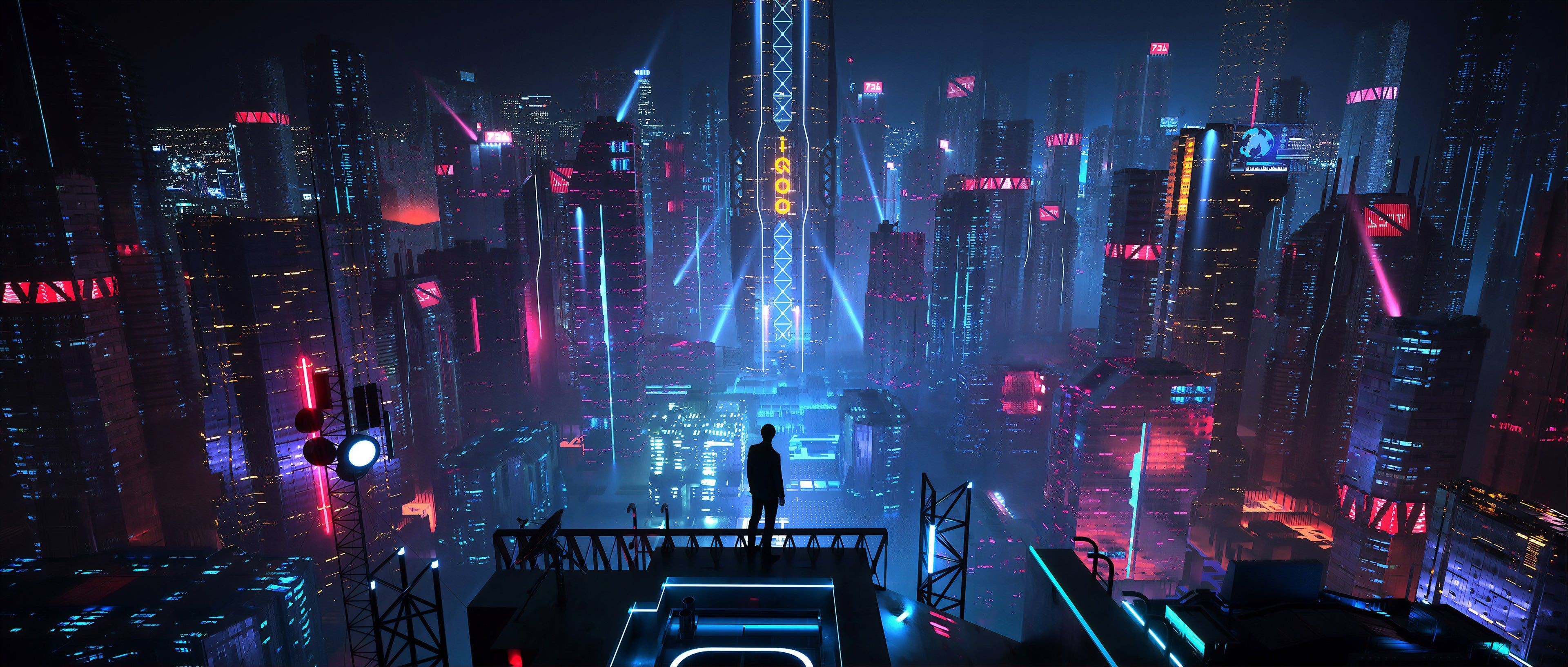 A person standing on a rooftop looking at a neon lit cyberpunk city - Cyberpunk