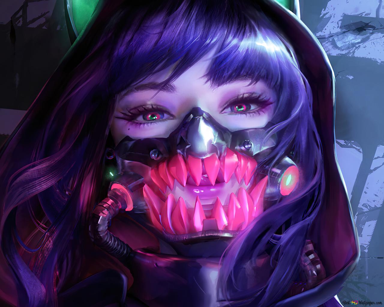 The purple hair girl with mask wallpaper 1280x1024 - Cyberpunk