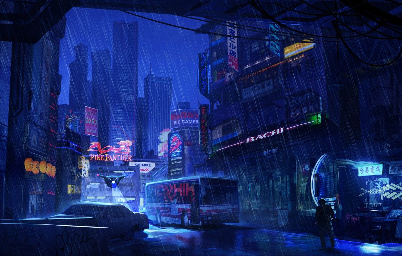 A painting of an urban scene with rain - Cyberpunk
