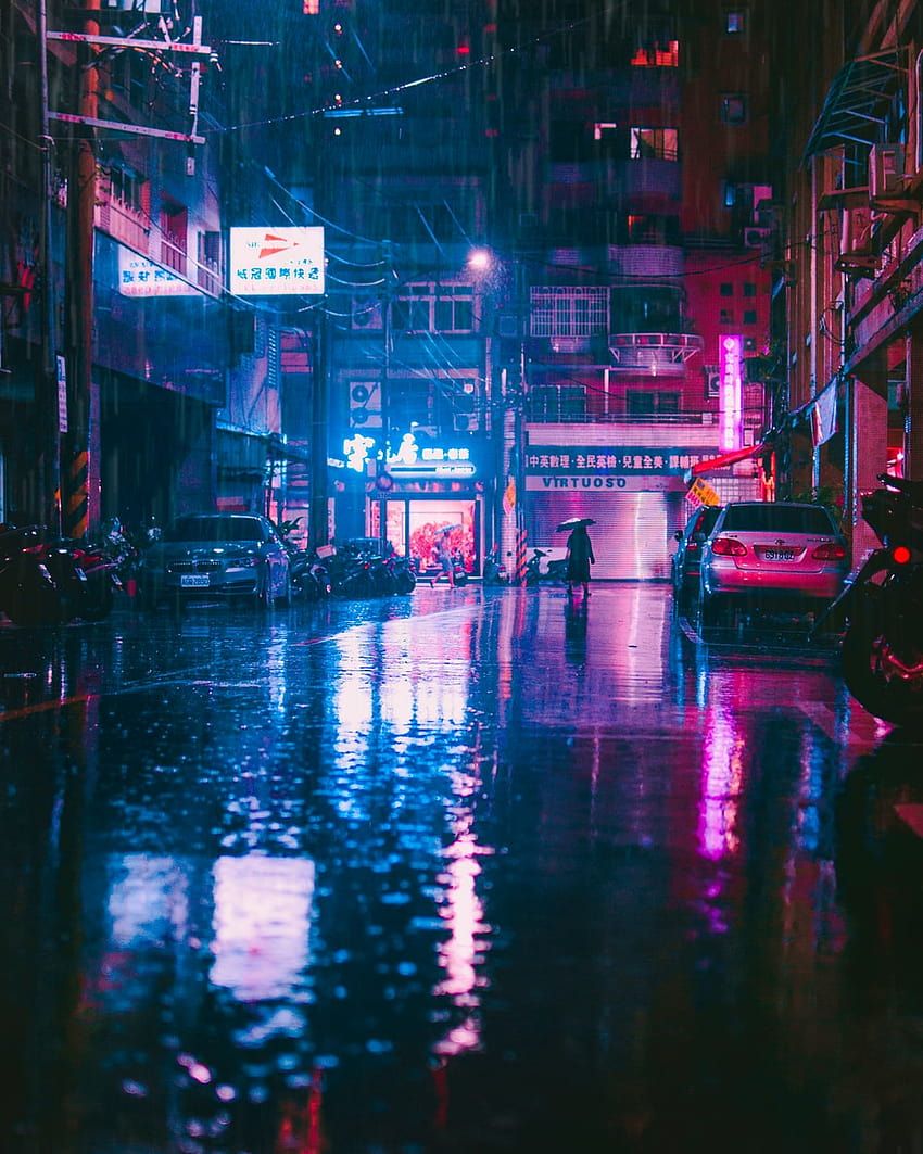 A city street at night with rain - Cyberpunk