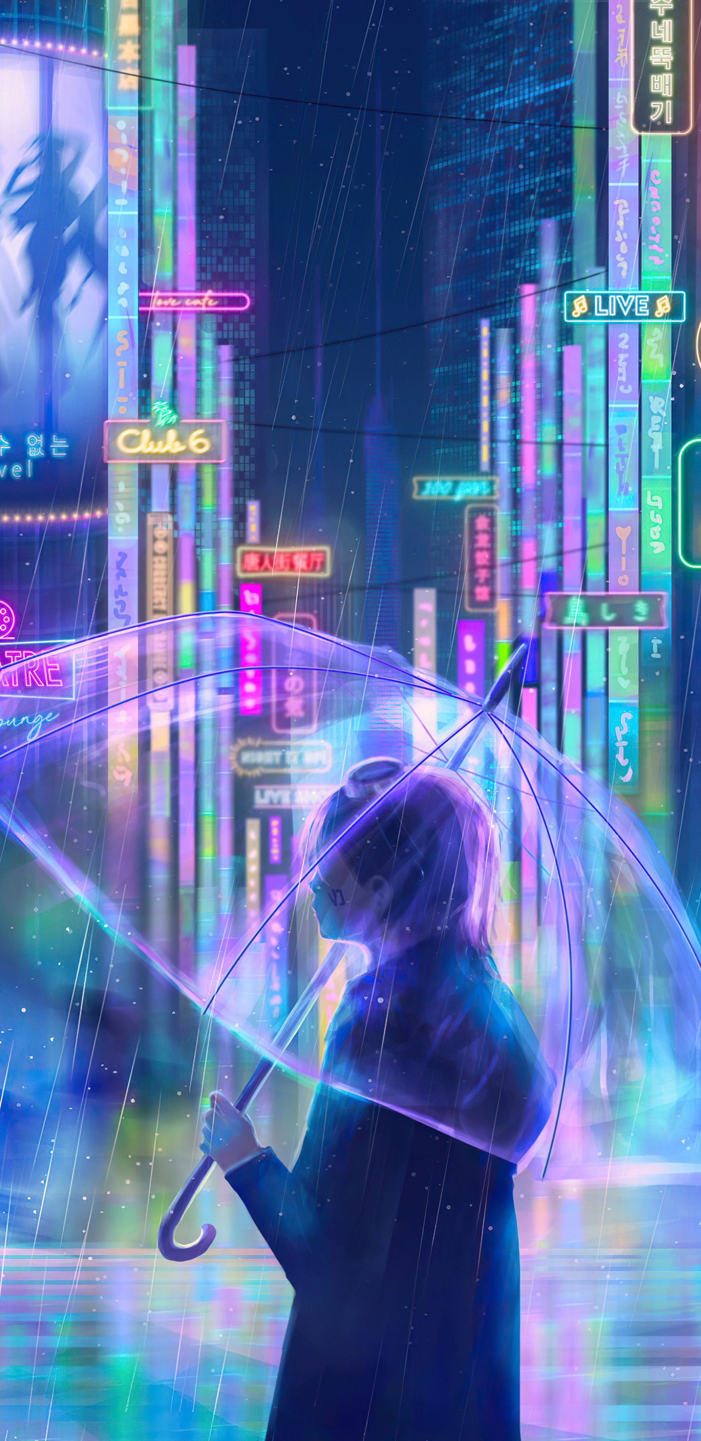 A cyberpunk girl with a transparent umbrella stands in the rain in front of a neon-lit cityscape. - Cyberpunk