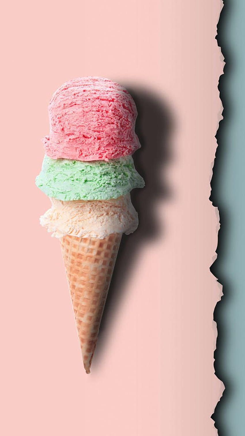A pink, green and white ice cream cone - Ice cream