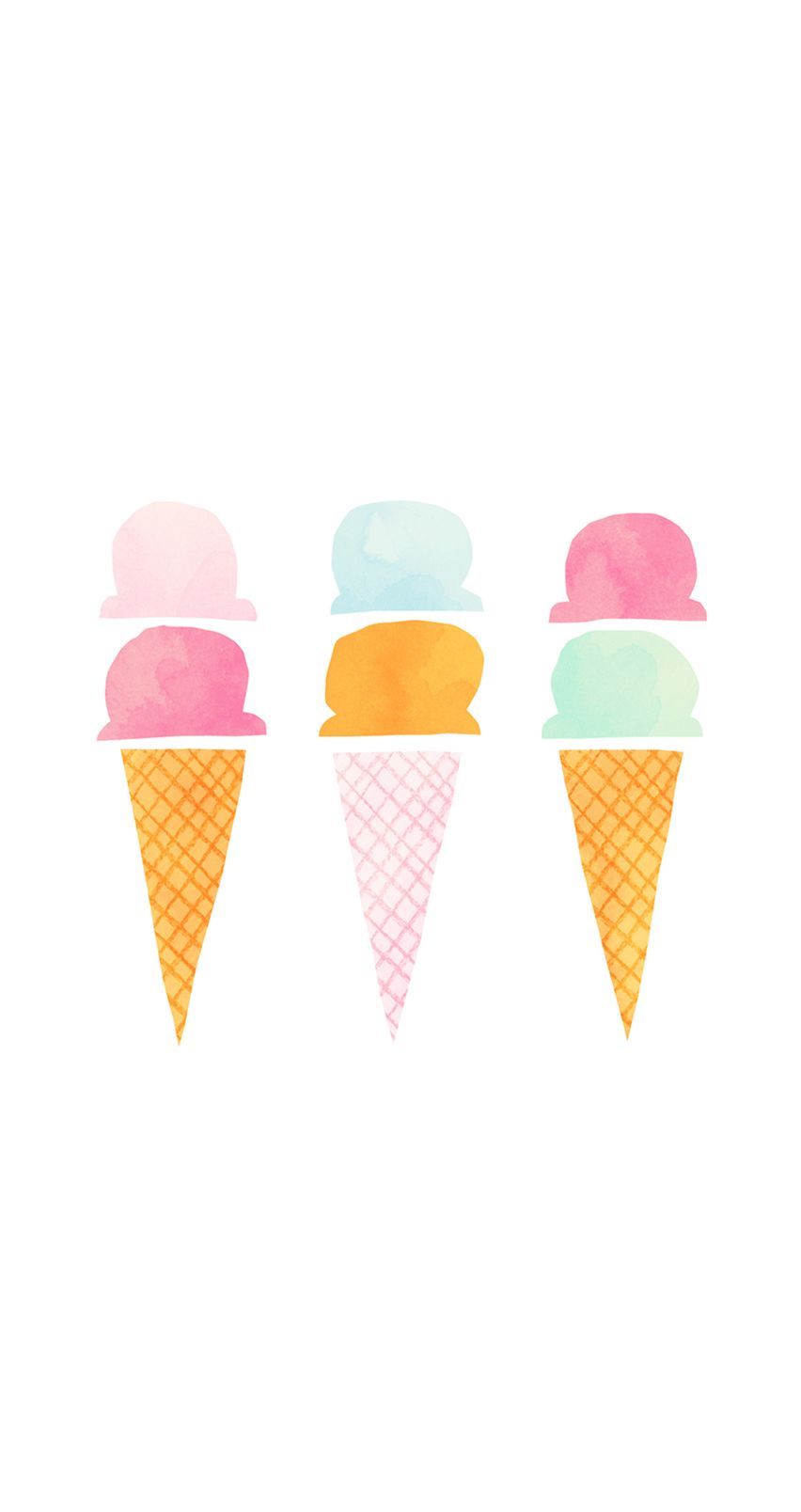 Three ice cream cones are shown in watercolor - Ice cream