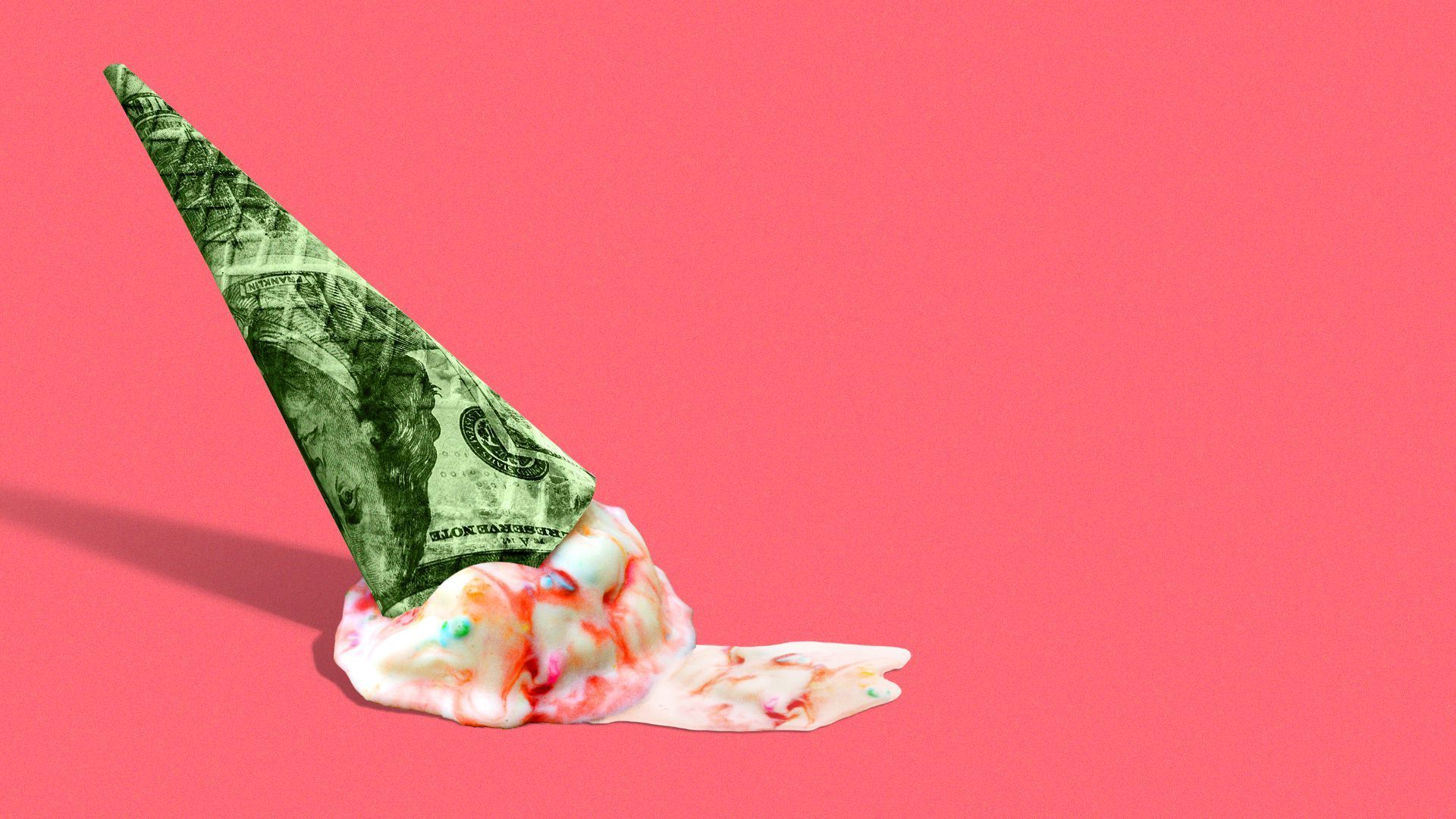 A cone with money on it is sitting in front of an ice cream - Ice cream