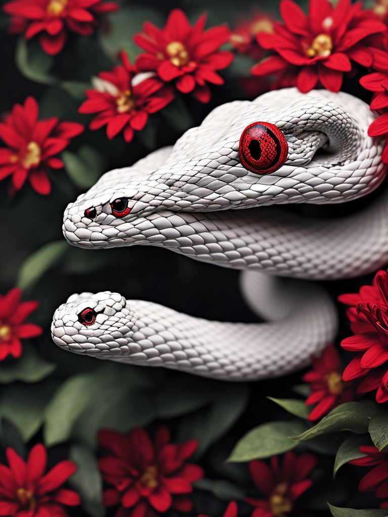 A white snake with red eyes and red flowers - Snake