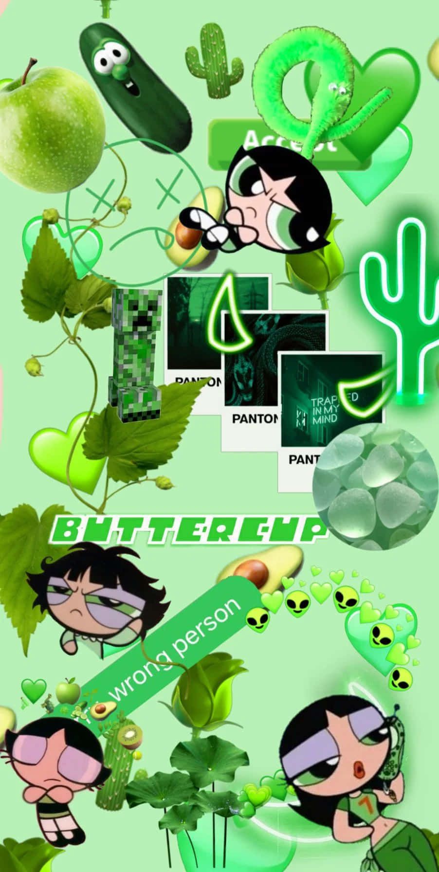 A green background with cartoon characters and plants - Buttercup