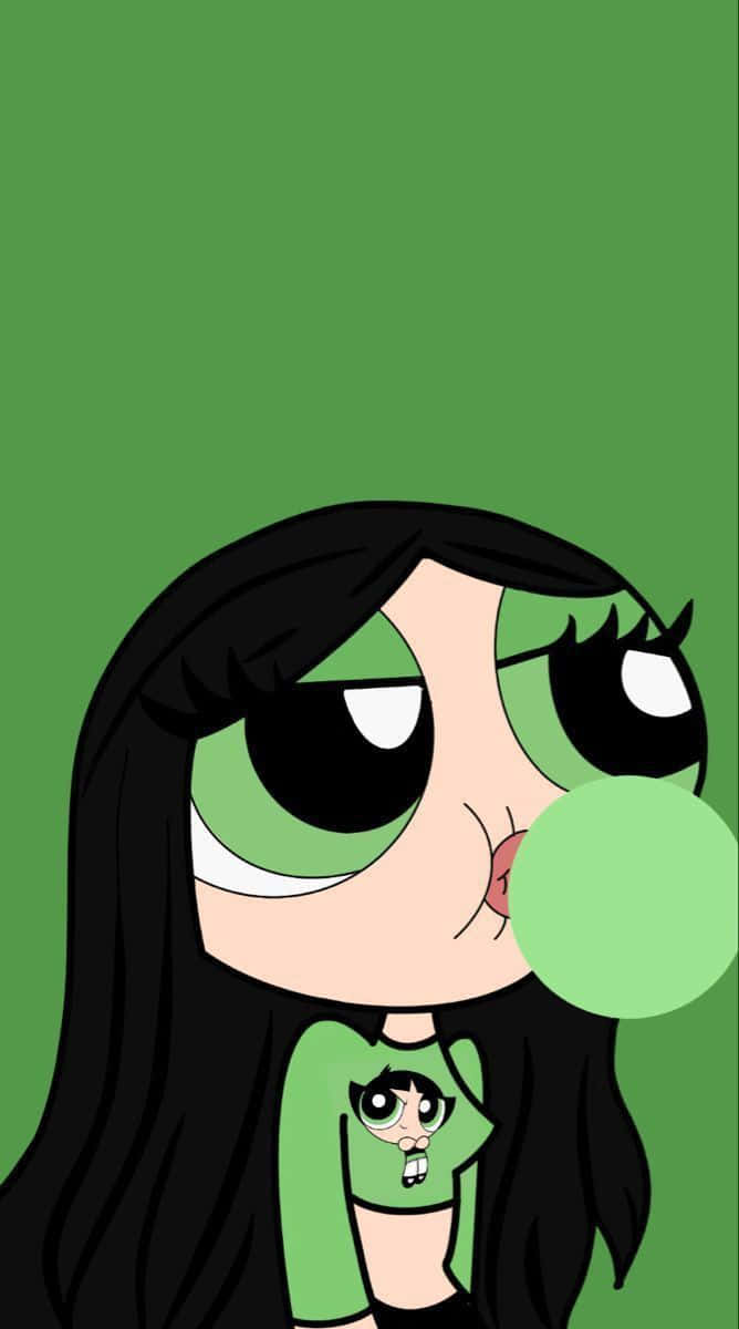 The powerpuff girls cartoon girl with green hair and black eyes - Buttercup