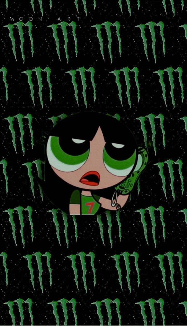A cartoon character with a black background and greenMonster Energy logo pattern. - Buttercup