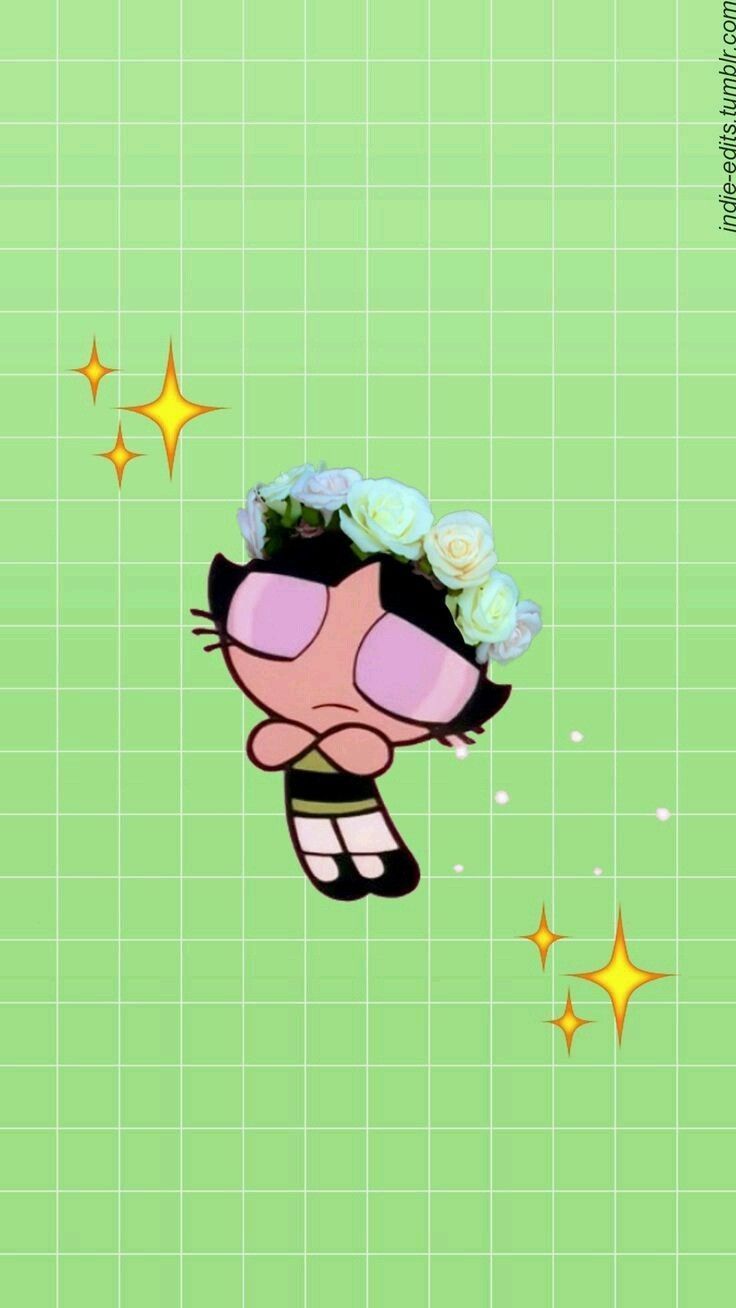 Aesthetic wallpaper of Buttercup from The Powerpuff Girls with a green background - Buttercup