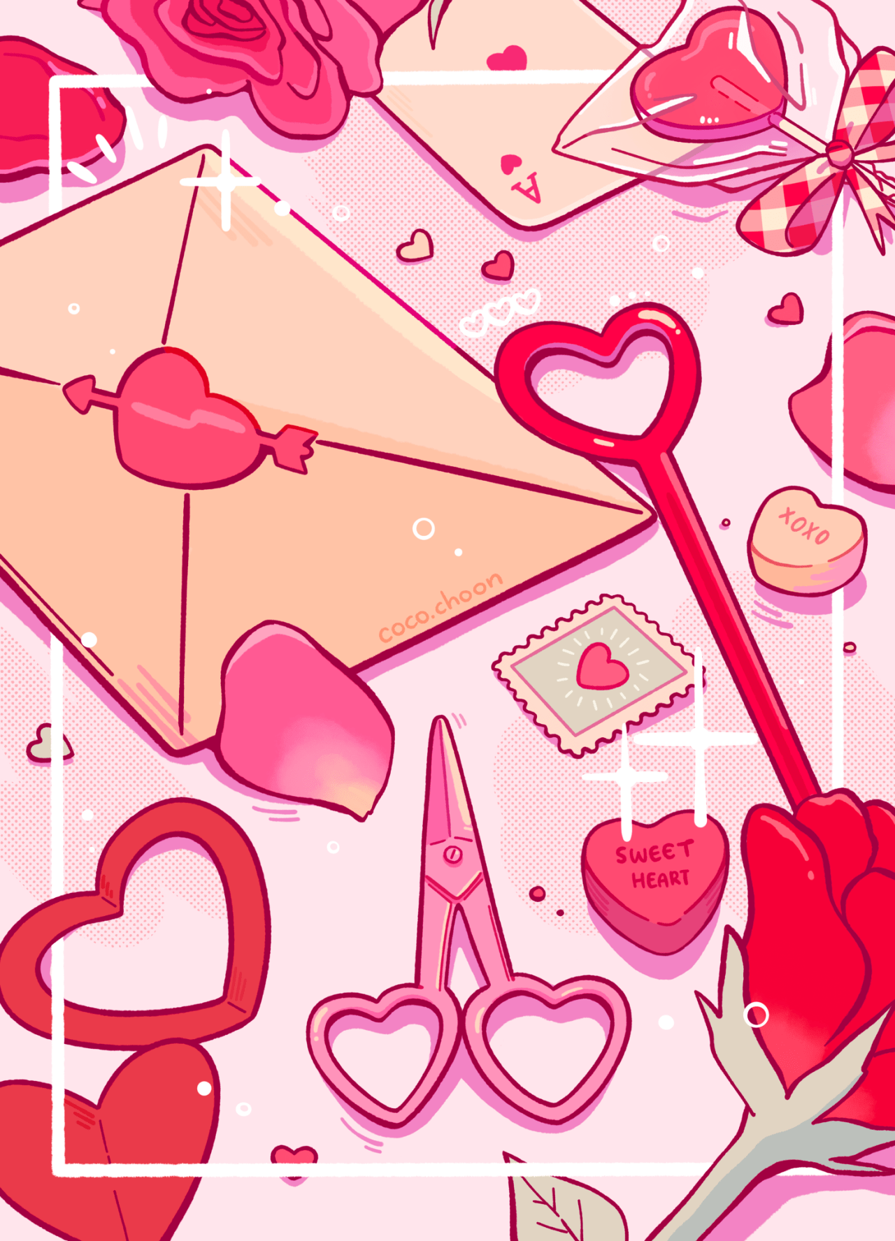 A pink and red illustration of a love letter, a key, a rose, and a heart. - Lovecore