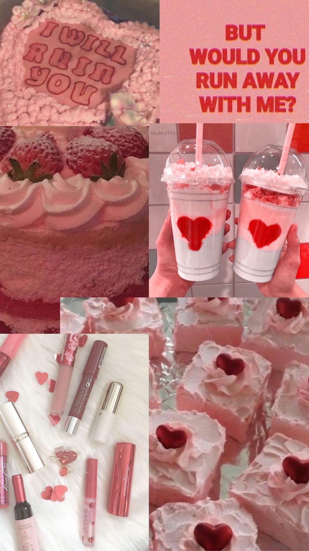 Aesthetic collage of pink desserts, lipstick, and a quote. - Lovecore