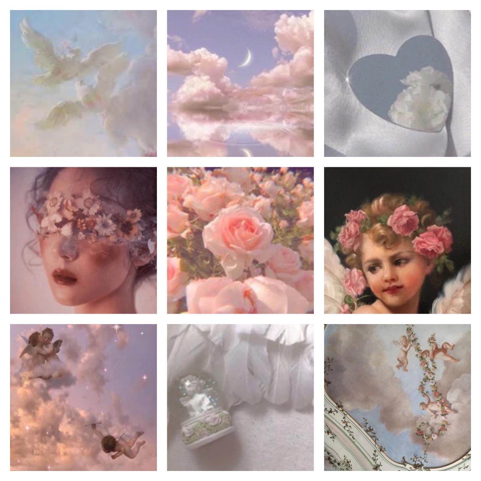 Aesthetic background of pink roses, clouds, and angels - Angelcore