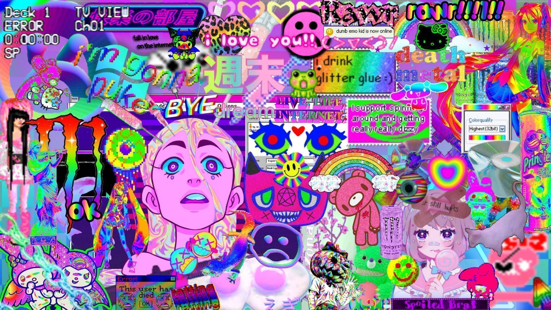 A collage of pictures with different colors - Glitchcore, webcore, weirdcore, traumacore