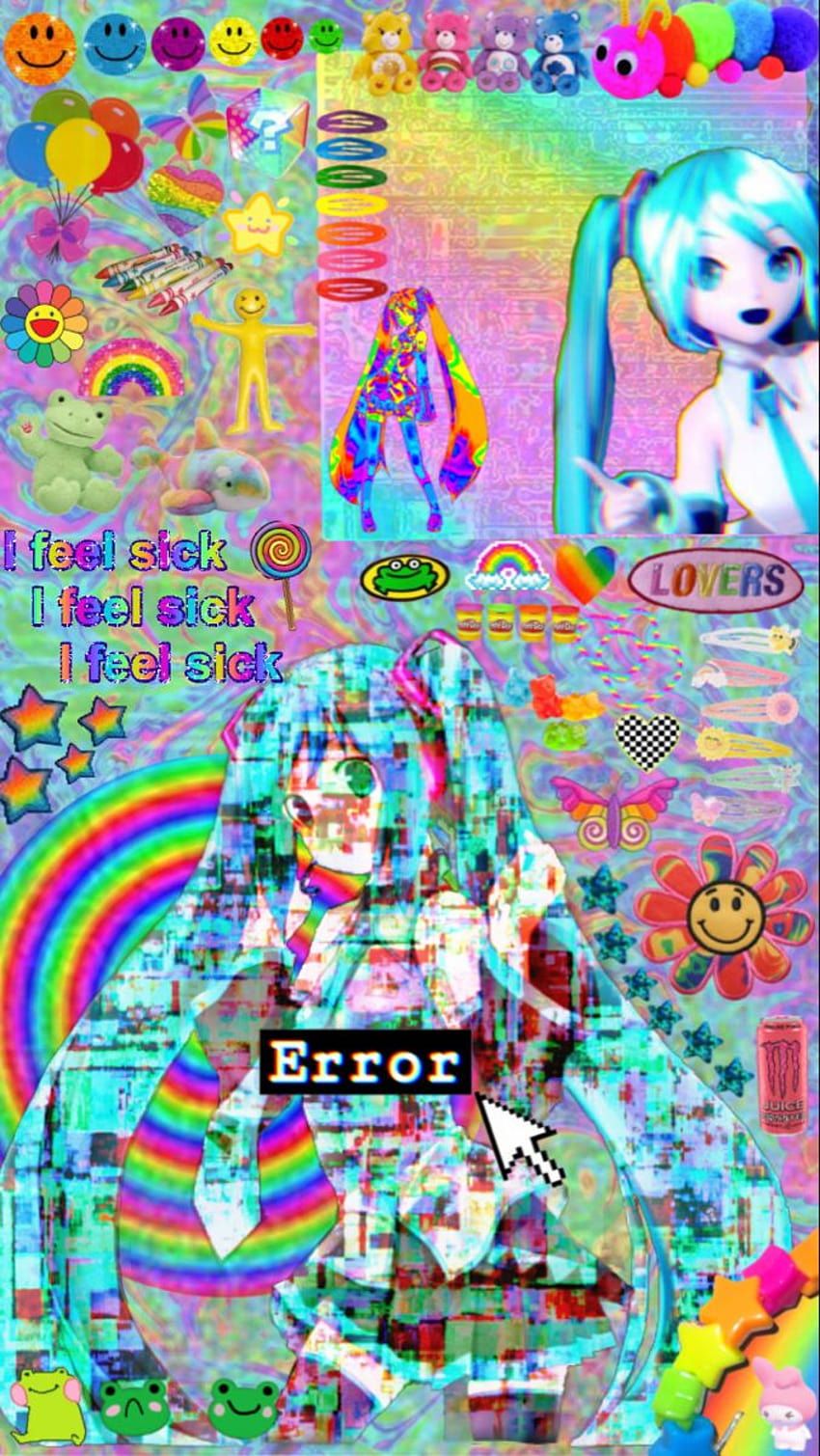 Aesthetic wallpaper for phone background with anime girl and rainbow. - Glitchcore, kidcore