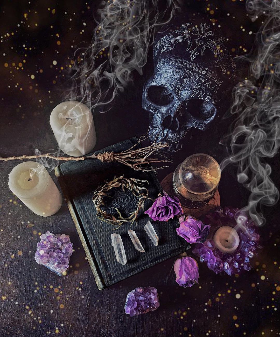 An image of a skull, crystals, and other witchy items. - Witchcore