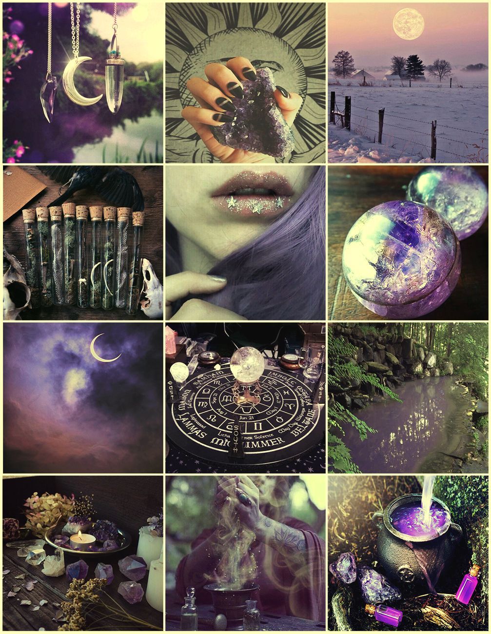 A collage of pictures that are purple and green - Witchcore