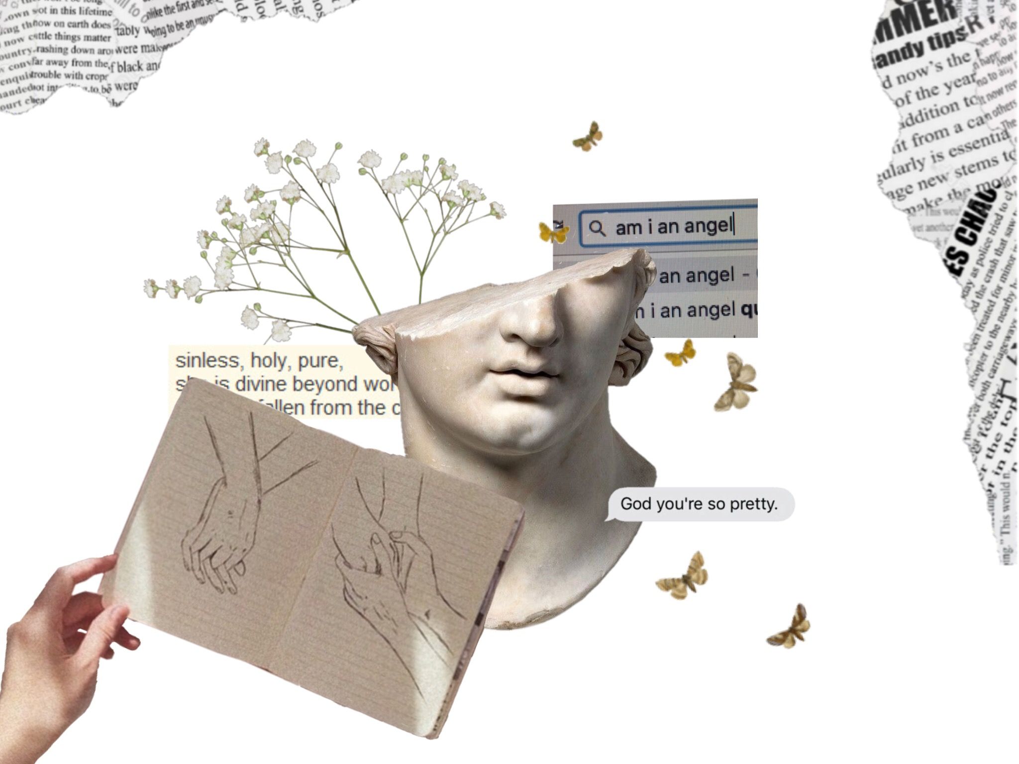 A collage of a bust, flowers, butterflies, and a hand holding a piece of paper with a drawing of a face. - Angelcore