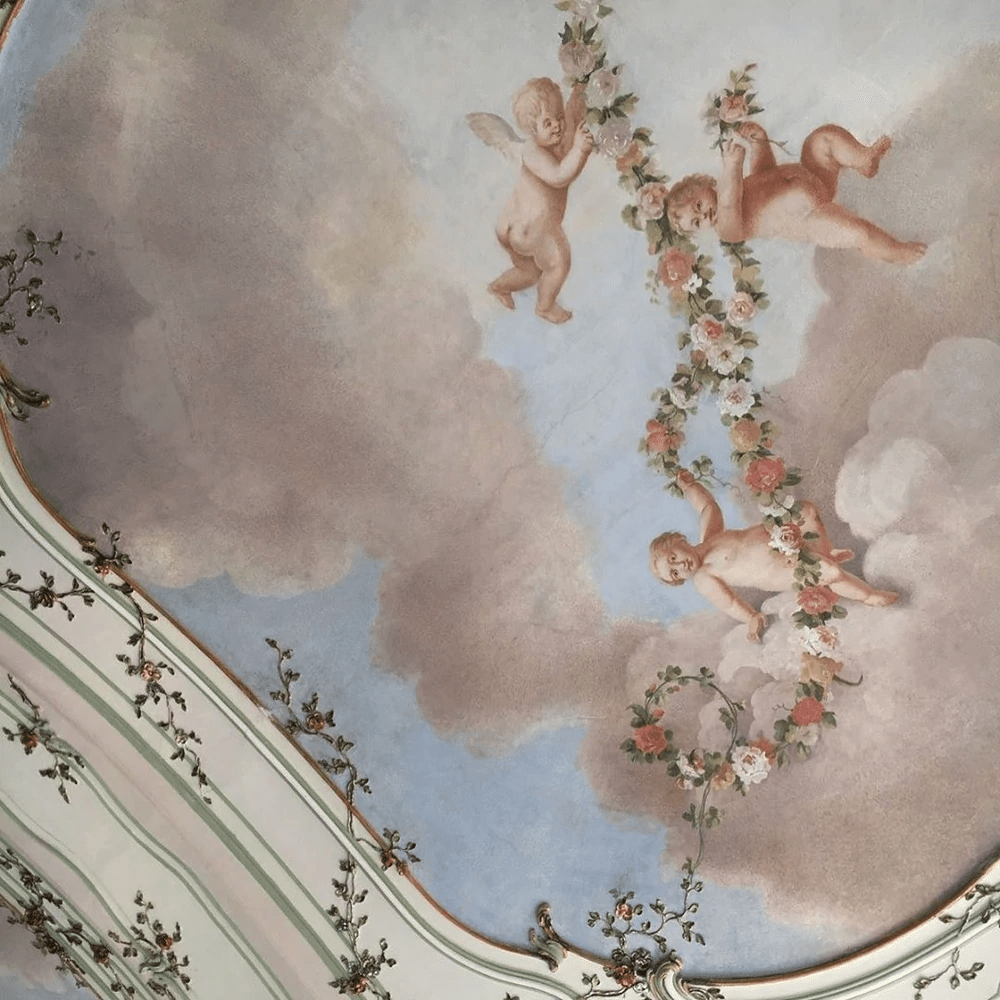 A painted ceiling with cherubs and flowers. - Angelcore