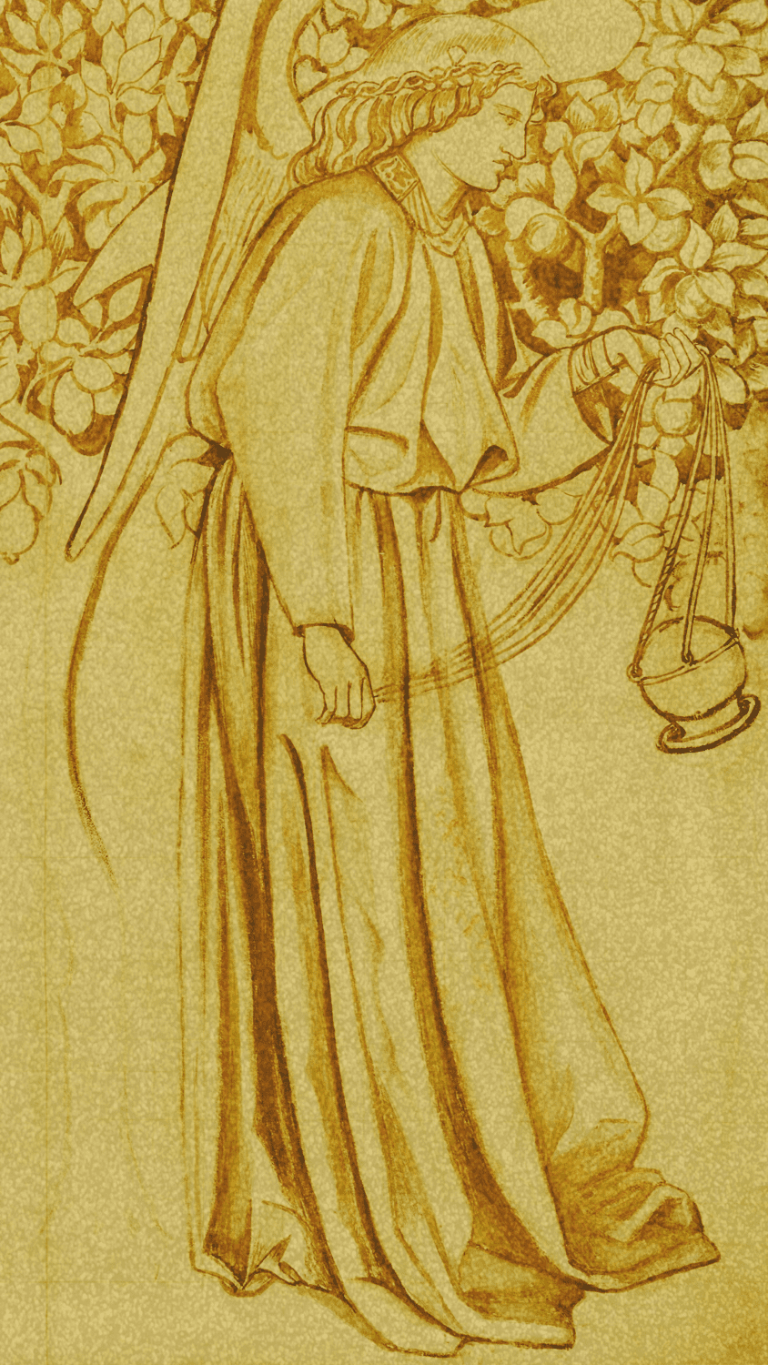 An illustration of an angel holding a lantern and standing in front of a tree. - Angelcore