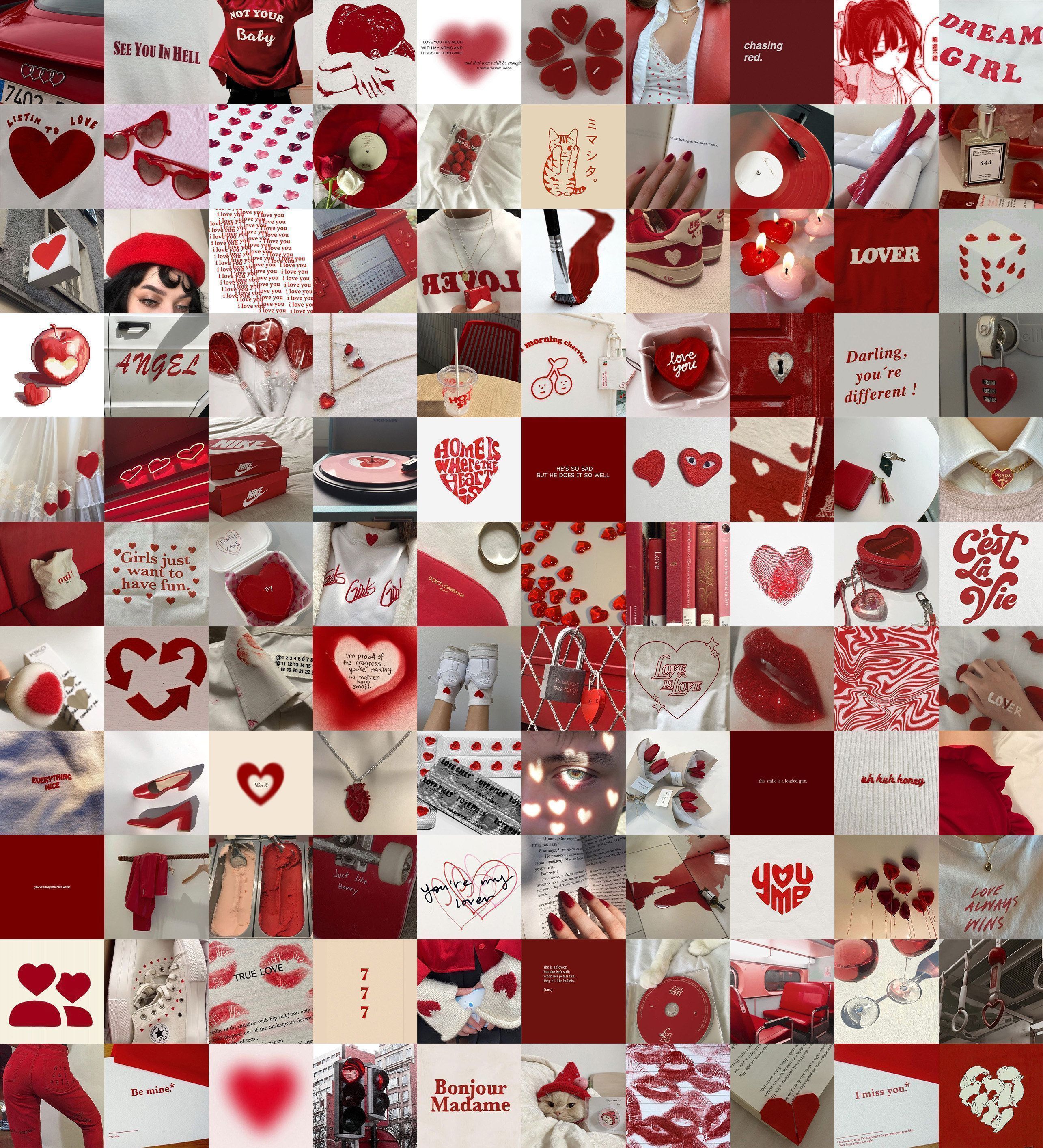 A collage of pictures with red hearts - Lovecore