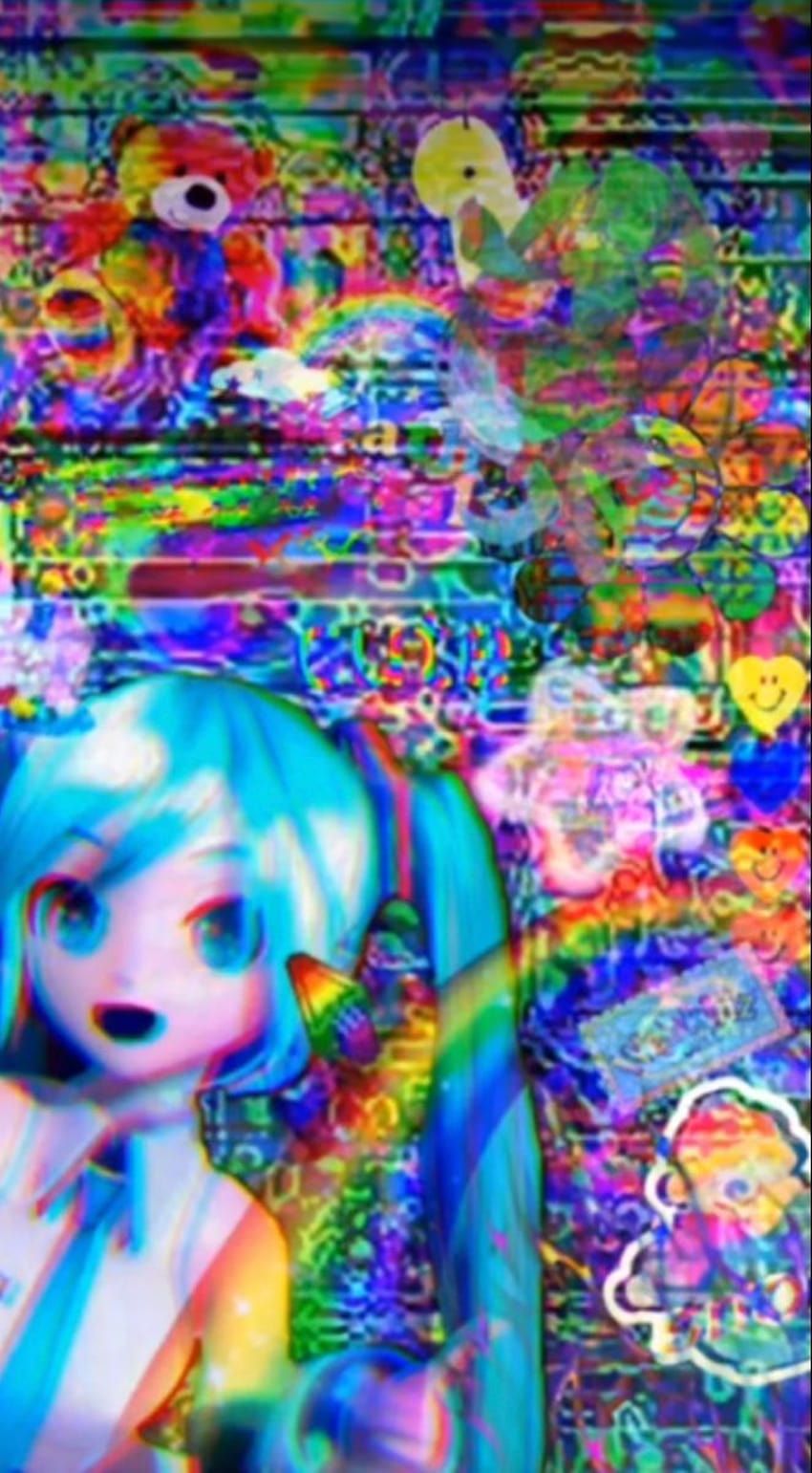 A blue anime girl with black lips and blue hair is surrounded by a rainbow background. - Glitchcore, weirdcore