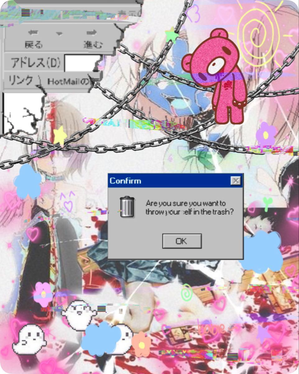 A pink computer screen with a pink bear asking if you want to throw yourself in the trash - Lovecore, webcore, vaporwave