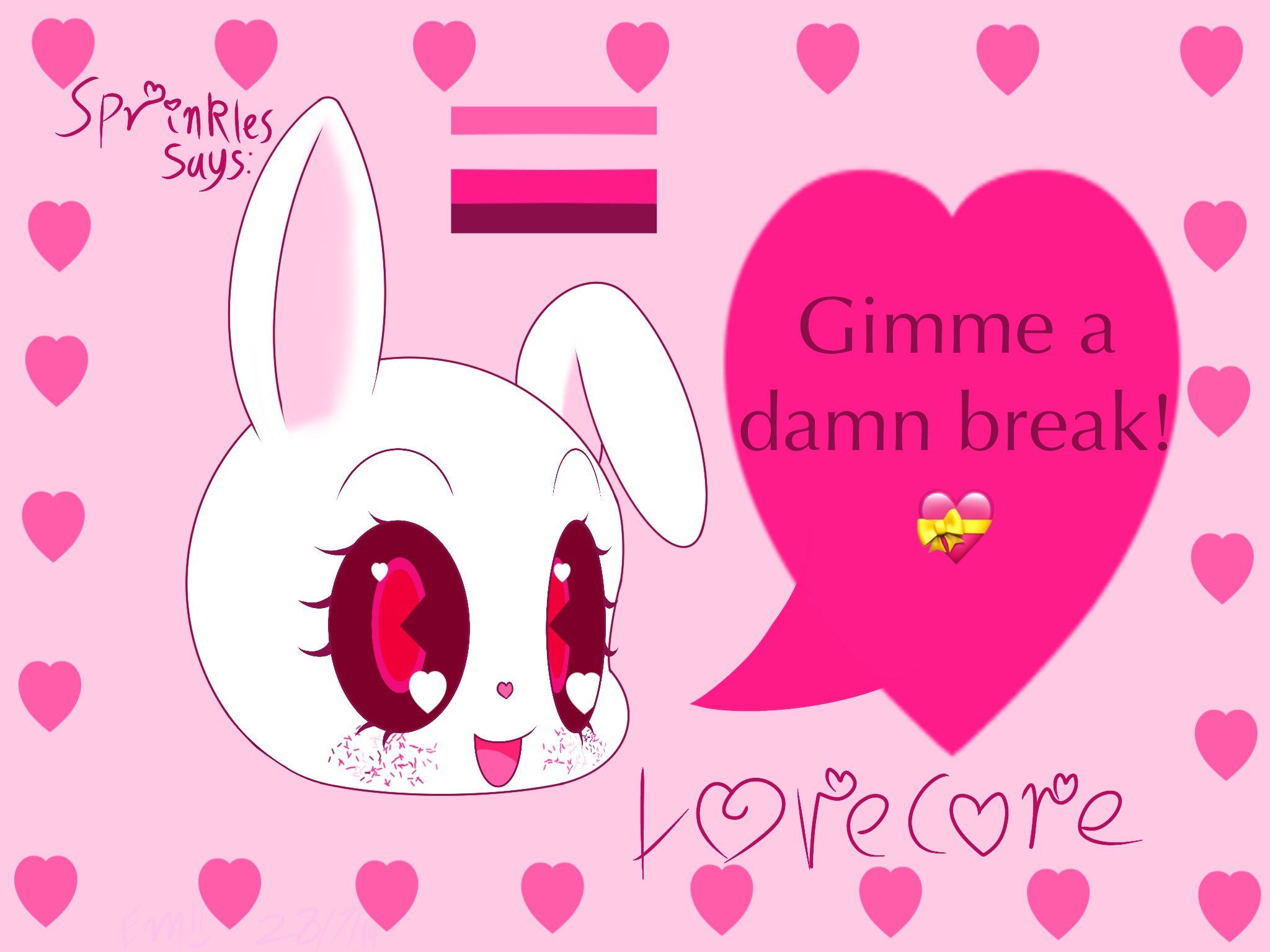 A pink background with a white bunny on the left side of the screen. The bunny has a pink bow on its left ear, a pink heart on its right eye, and a pink heart on its left eye. The bunny has a pink bow on its left ear. The bunny has a pink heart on its right eye and a red heart on its left eye. The bunny has a pink bow on its left ear. The bunny has a pink heart on its right eye and a red heart on its left eye. The bunny has a pink bow on its left ear. The bunny has a pink heart on its right eye and a red heart on its left eye. The bunny has a pink bow on its left ear. The bunny has a pink heart on its right eye and a red heart on its left eye. The bunny has a pink bow on its left ear. The bunny has a pink heart on its right eye and a red heart on its left eye. The bunny has a pink bow on its left ear. The bunny has a pink heart on its right eye and a red heart on its left eye. The bunny has a pink bow on its left ear. The bunny has a pink heart on its right eye and a red heart on its left eye. The bunny has a pink bow on its left ear. The bunny has a pink heart on its right eye and a red heart on its left eye. The bunny has a pink bow on its left ear. The bunny has a pink heart on its right eye and a red heart on its left eye. The bunny has a pink bow on its left ear. The bunny has a pink heart on its right eye and a red heart on its left eye. The bunny has a pink bow on its left ear. The bunny has a pink heart on its right eye and a red heart on its left eye. The bunny has a pink bow on its left ear. The bunny has a pink heart on its right eye and a red heart on its left eye. The bunny has a pink bow on its left ear. The bunny has a pink heart on its right eye and a red heart on its left eye. The bunny has a pink bow on its left ear. The bunny has a pink heart on its right eye and a red heart on its left eye. The bunny has a pink bow on its left ear. The bunny has a pink heart on its right eye and a red heart on its left eye. The bunny has a pink bow on its left ear. The bunny has a pink heart on - Lovecore