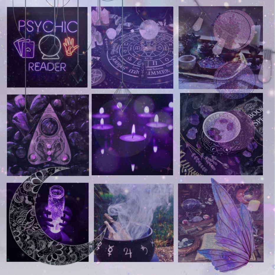 A collage of purple and black images including candles, a butterfly, and a ouija board. - Witchcore