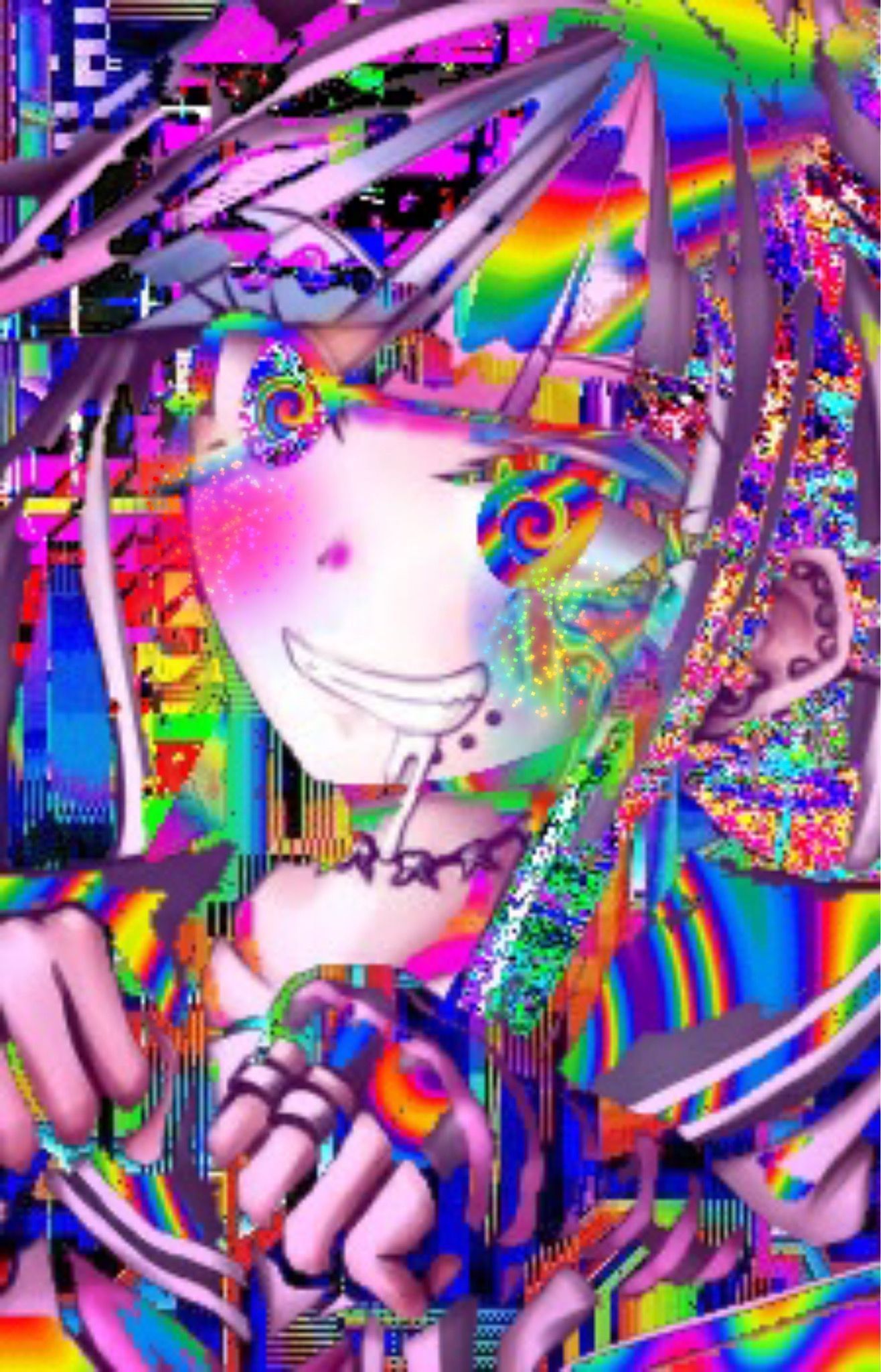 A colorful anime character with rainbow hair - Glitchcore