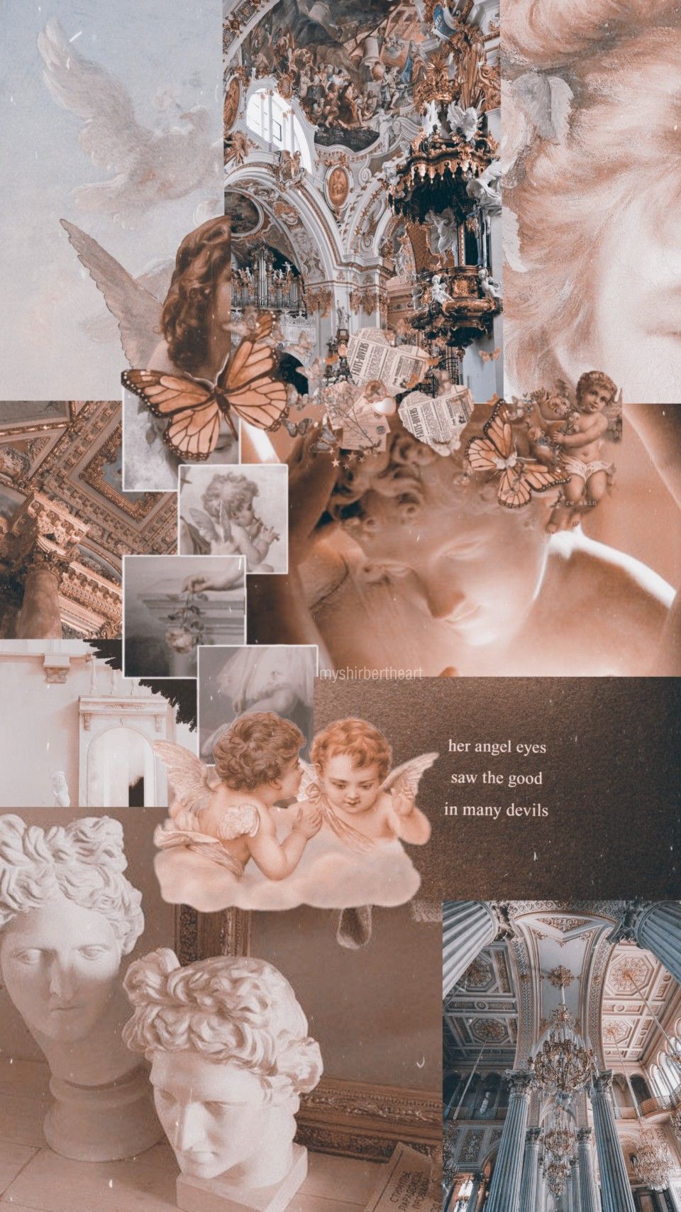 Aesthetic collage of angels, butterflies, and architectural details in a neutral color palette - Angelcore