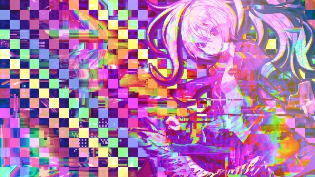 This image is a digital art piece featuring a pink-haired anime girl. The background is a colorful and distorted array of horizontal lines, with the girl standing in the middle. - Glitchcore