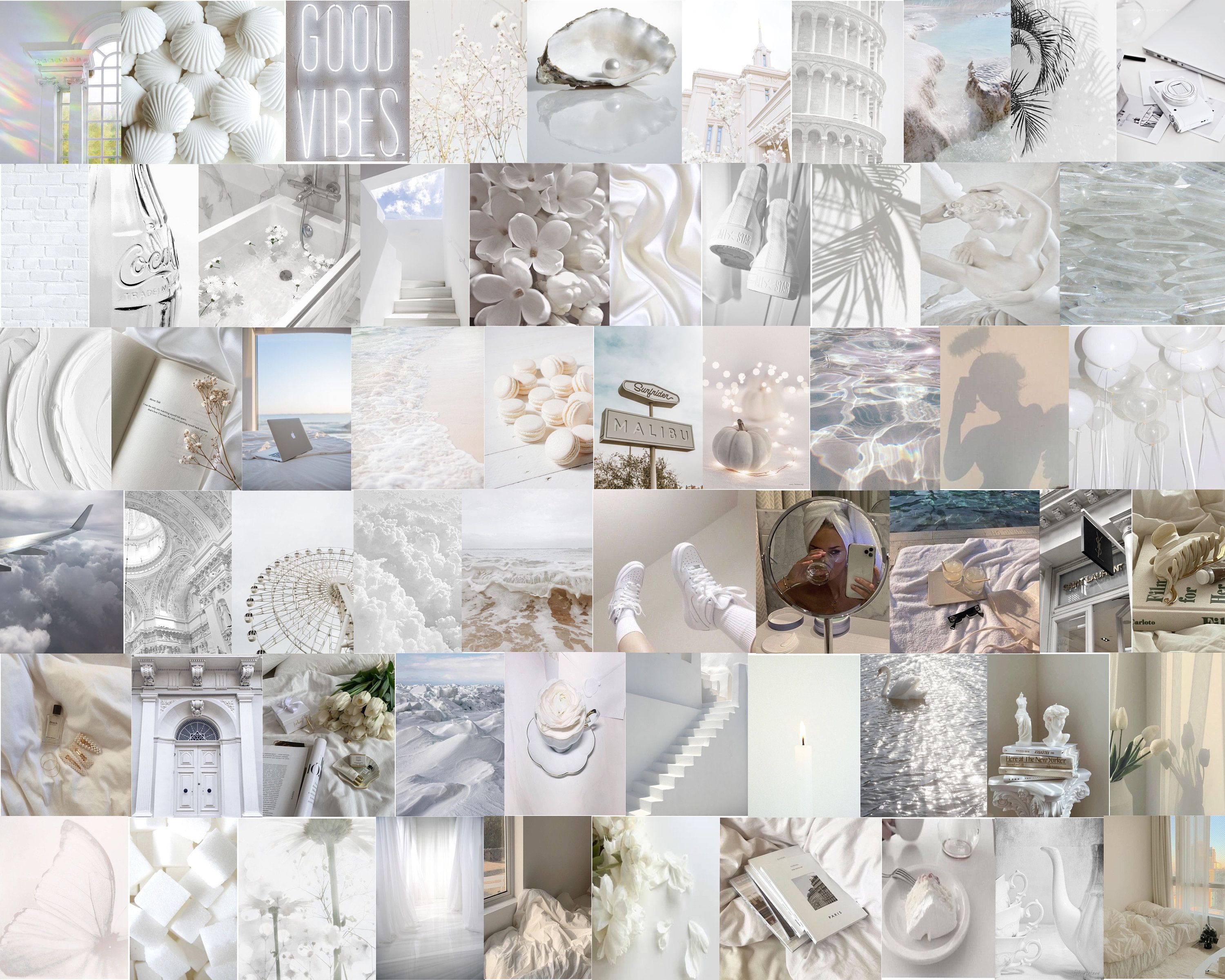 A collage of 50 photos of white aesthetic pictures. - Angelcore