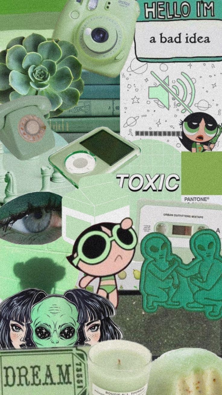 Aesthetic background of green color with images of cartoon characters, books, plants, and a candle. - Buttercup