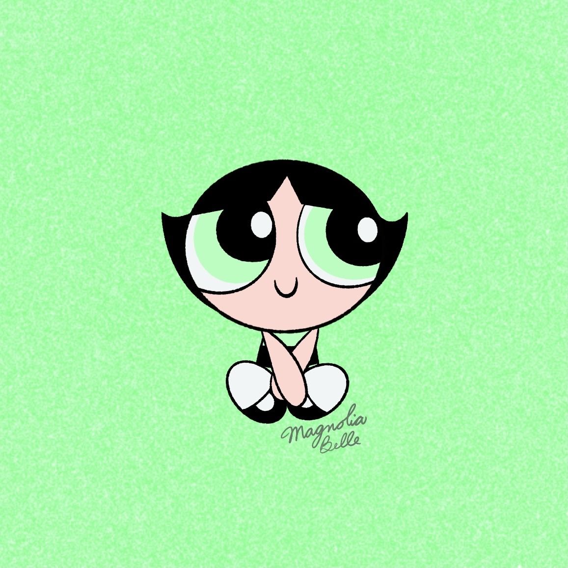Buttercup, one of the Powerpuff Girls, sitting cross-legged on a green background - Buttercup