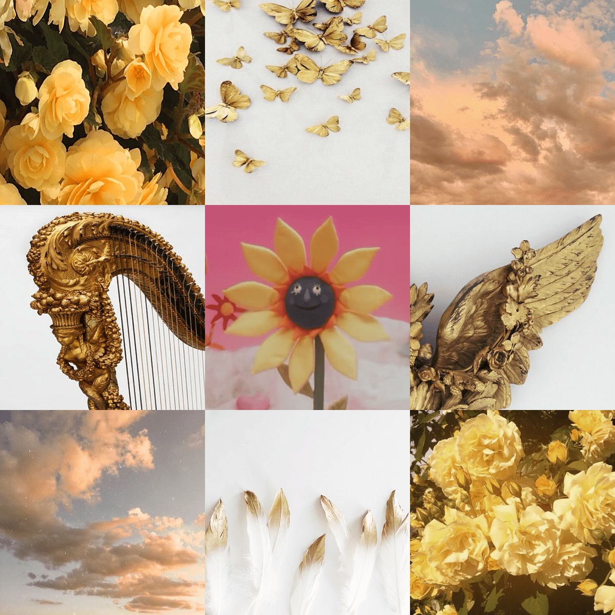 Aesthetic collage of golden flowers, clouds, and an angel. - Angelcore