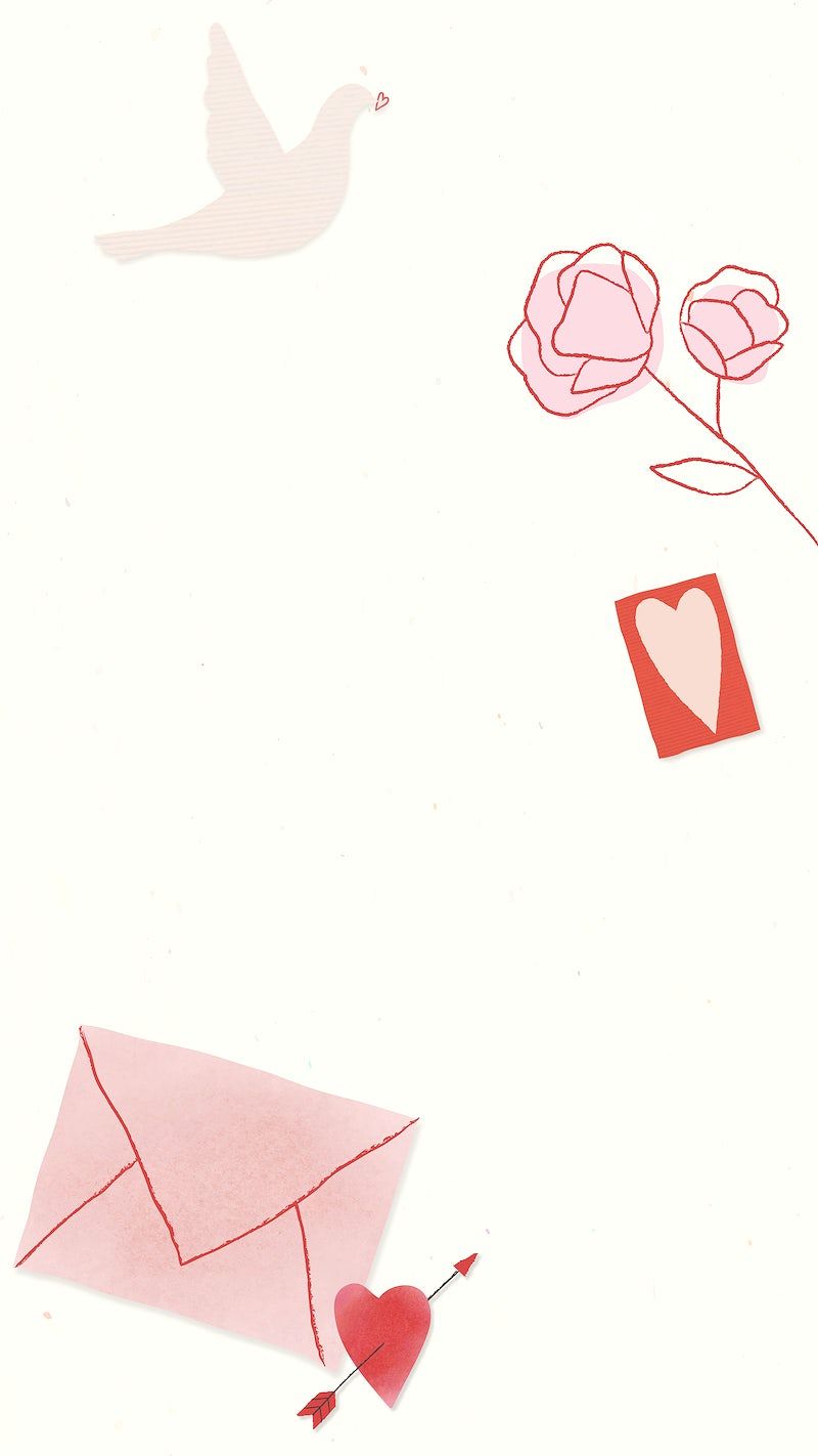A white background with a pink envelope, a red heart, a bird, a rose, and a red card. - Lovecore