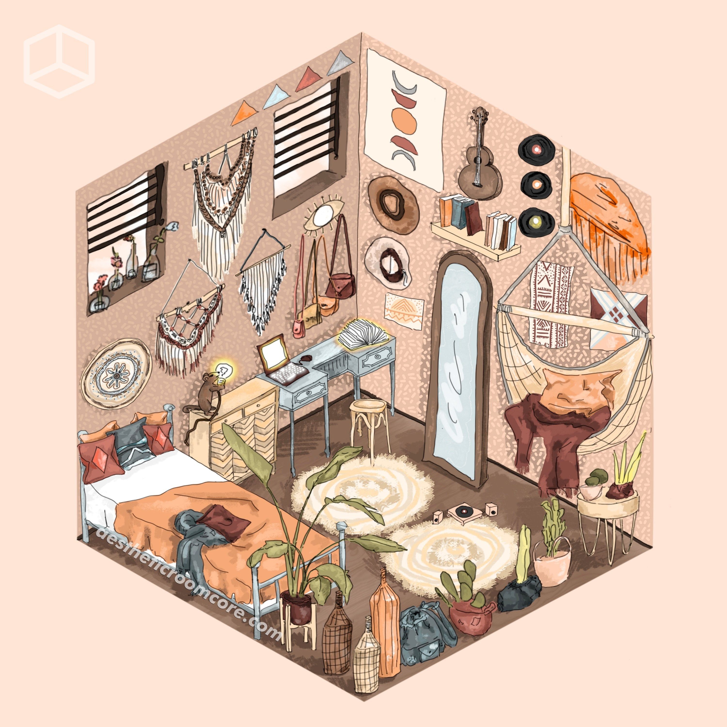 A cozy boho-chic room with a vanity, hammock chair, and record collection. The walls are adorned with macrame, and there's a cute cat in the room. - Witchcore