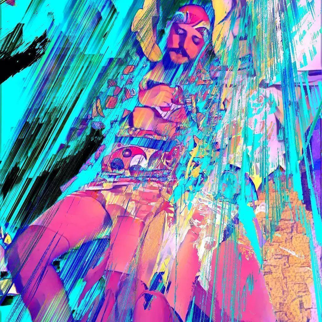 A man with a beard and a moustache wearing a striped shirt and a red and yellow hat. He is holding a camera and looking at the camera. The image is a digital painting with a lot of blue, green, and pink colors. - Animecore, glitchcore