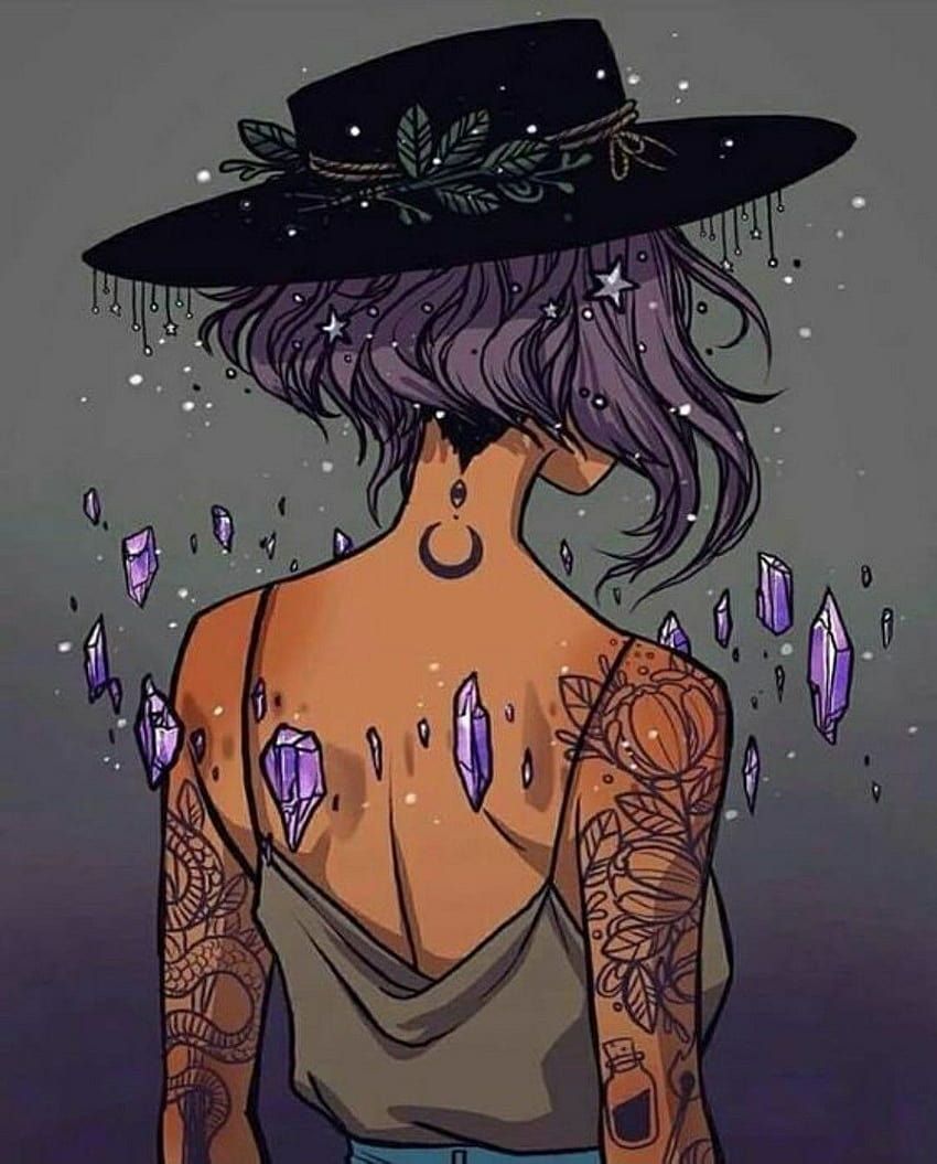 A woman with tattoos and purple hair wearing an hat - Witchcore
