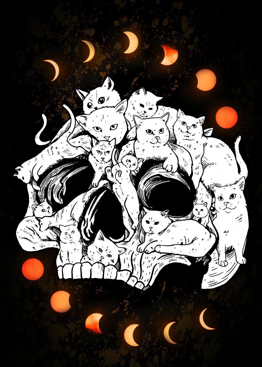 A skull with cats on it and the moon in front of them - Witchcore