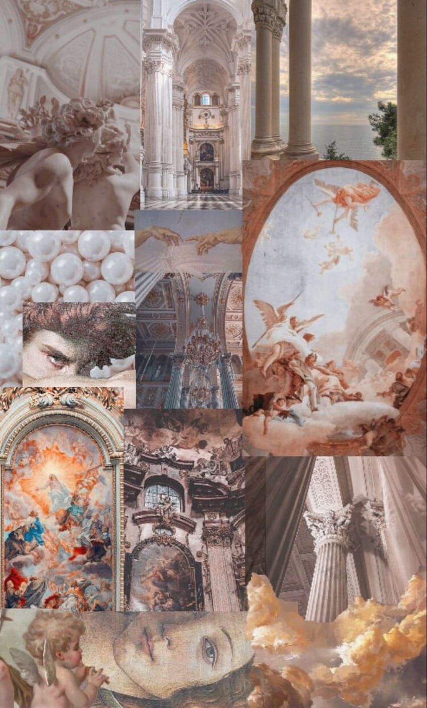 Aesthetic collage of art and architecture in a pink and white color scheme - Greek mythology