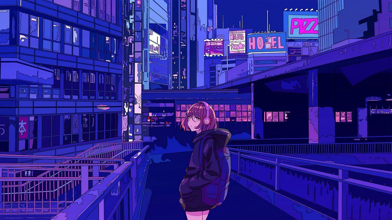 Anime girl in a cyberpunk city at night - 1366x768