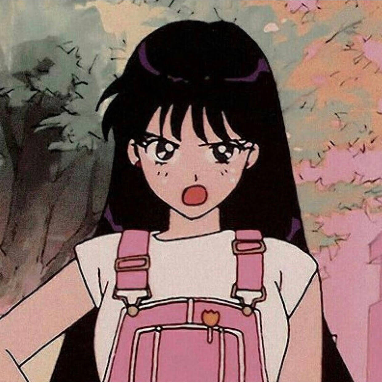 A black haired anime girl wearing a pink overall with a white shirt and a pink bow on the strap. - Sailor Mars, profile picture