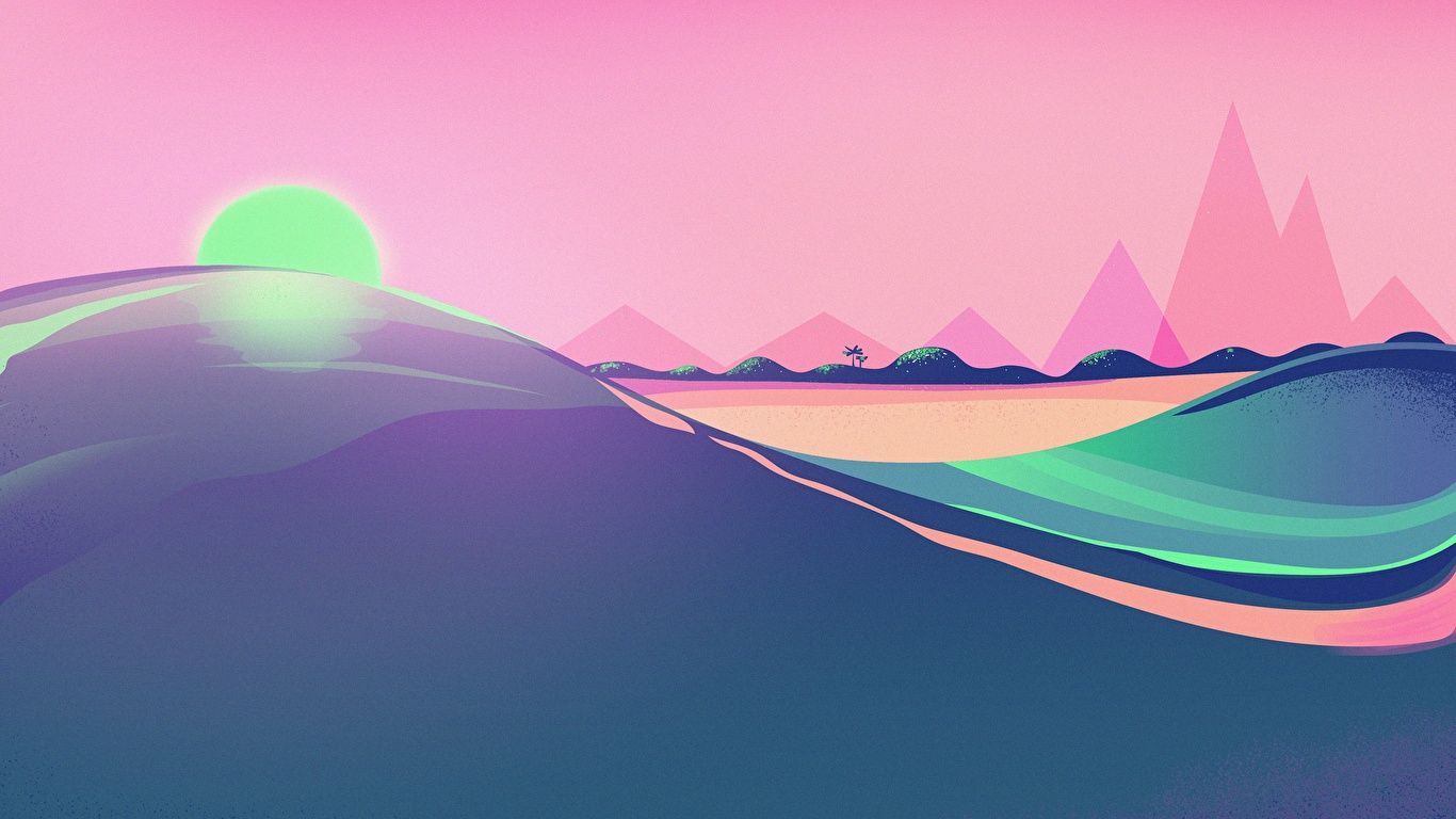 A colorful minimalist sunset landscape, with a green sun, pink mountains, and a blue river. - 1366x768