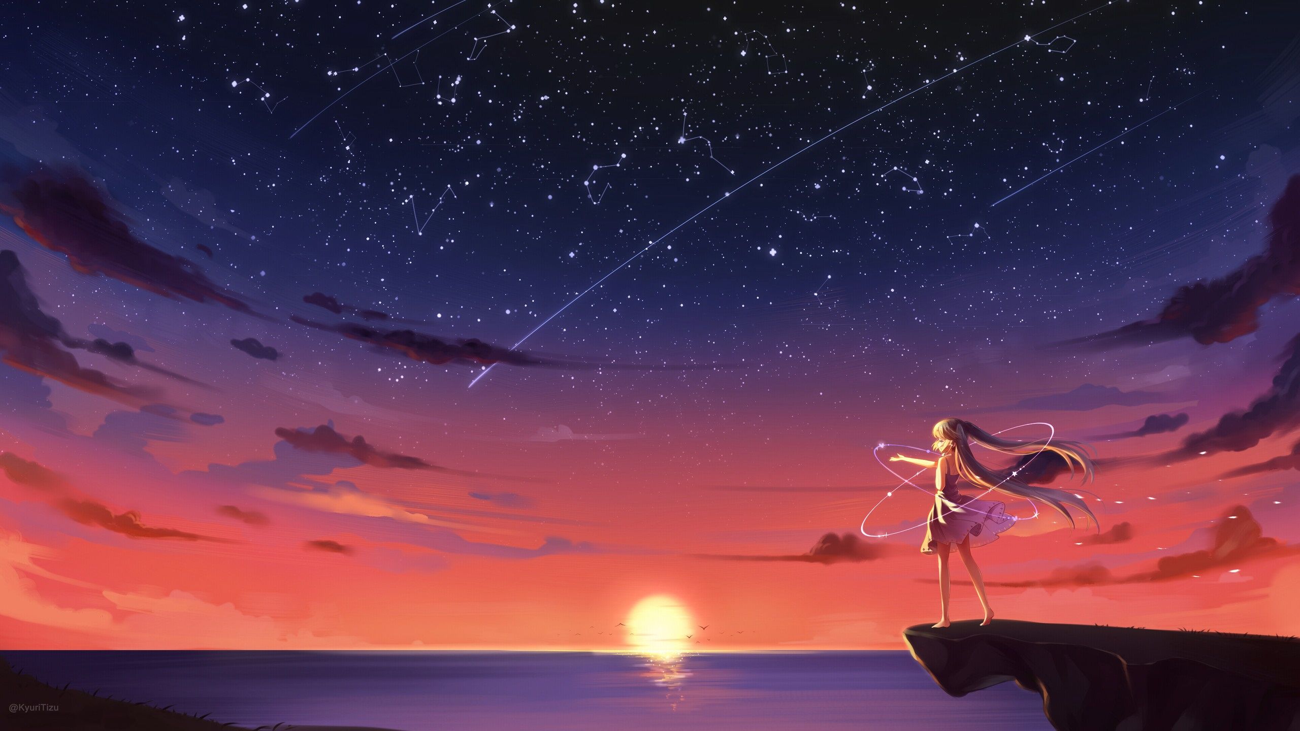 Anime girl looking at the stars wallpaper background - 2560x1440