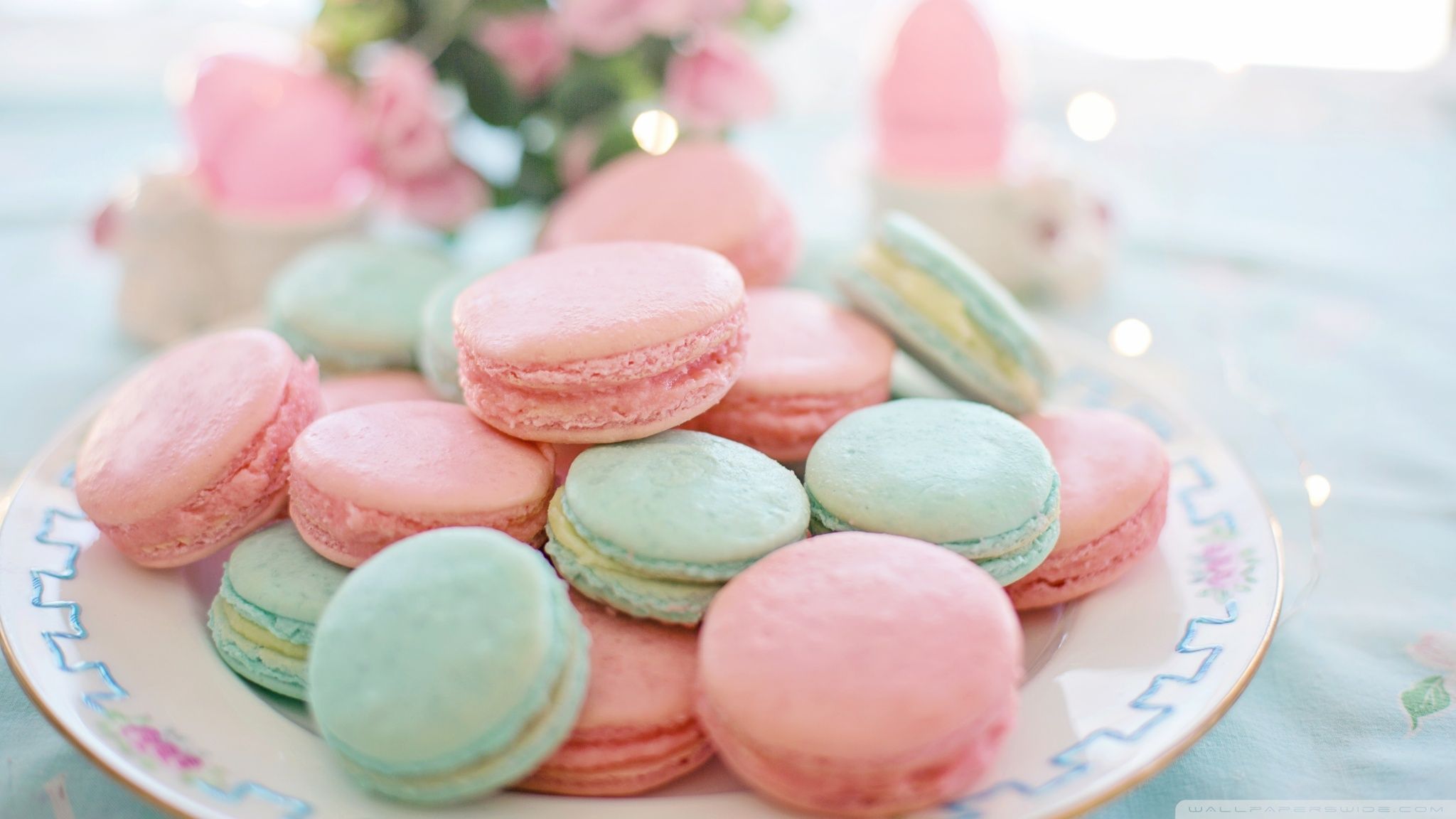 A plate of macarons in pink, blue and green colors - 2048x1152, cake, pastel