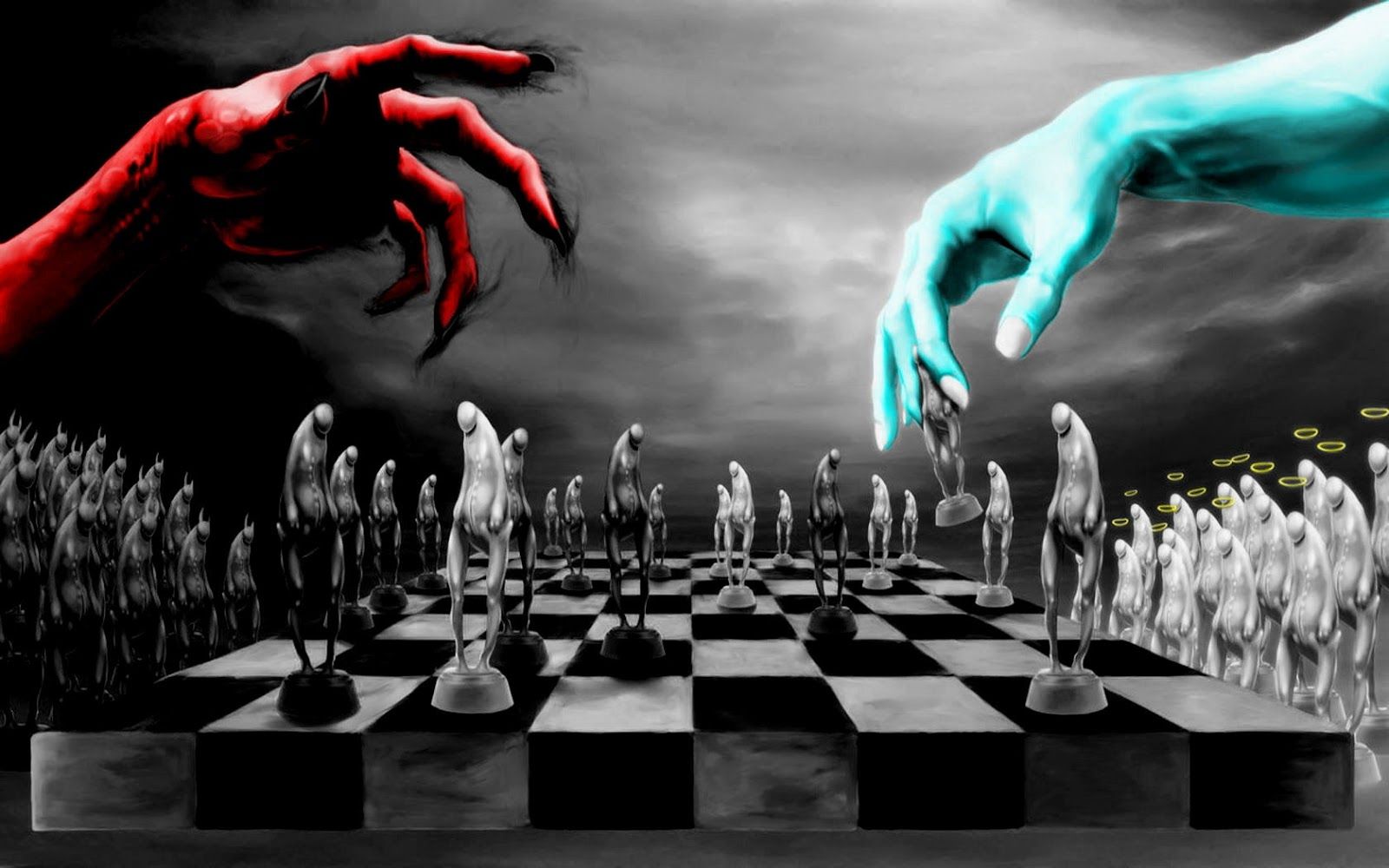 The red and blue hands are playing chess with human pieces. - Chess