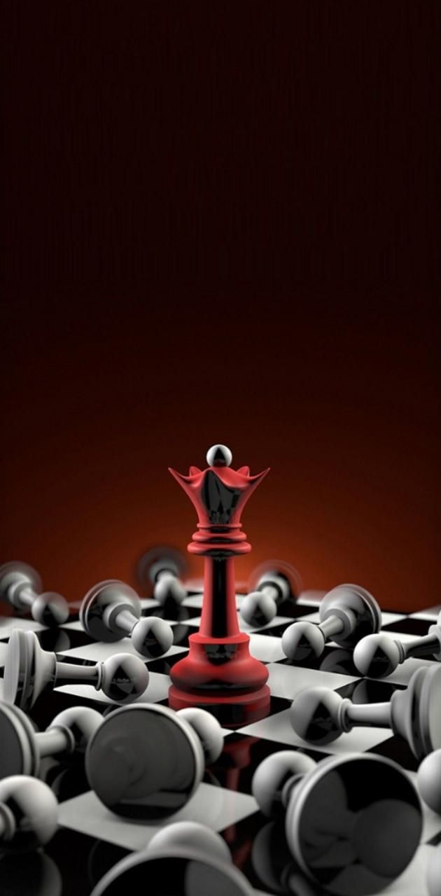 Black and white chess pieces surrounding a red queen on a chess board - Chess