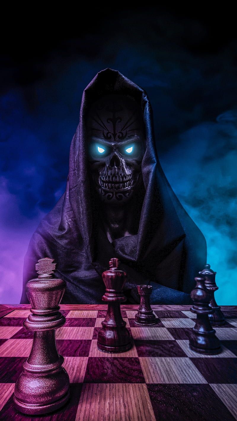 Chess, blue, drawings, eyes, game, horror, play, skull, HD phone wallpaper