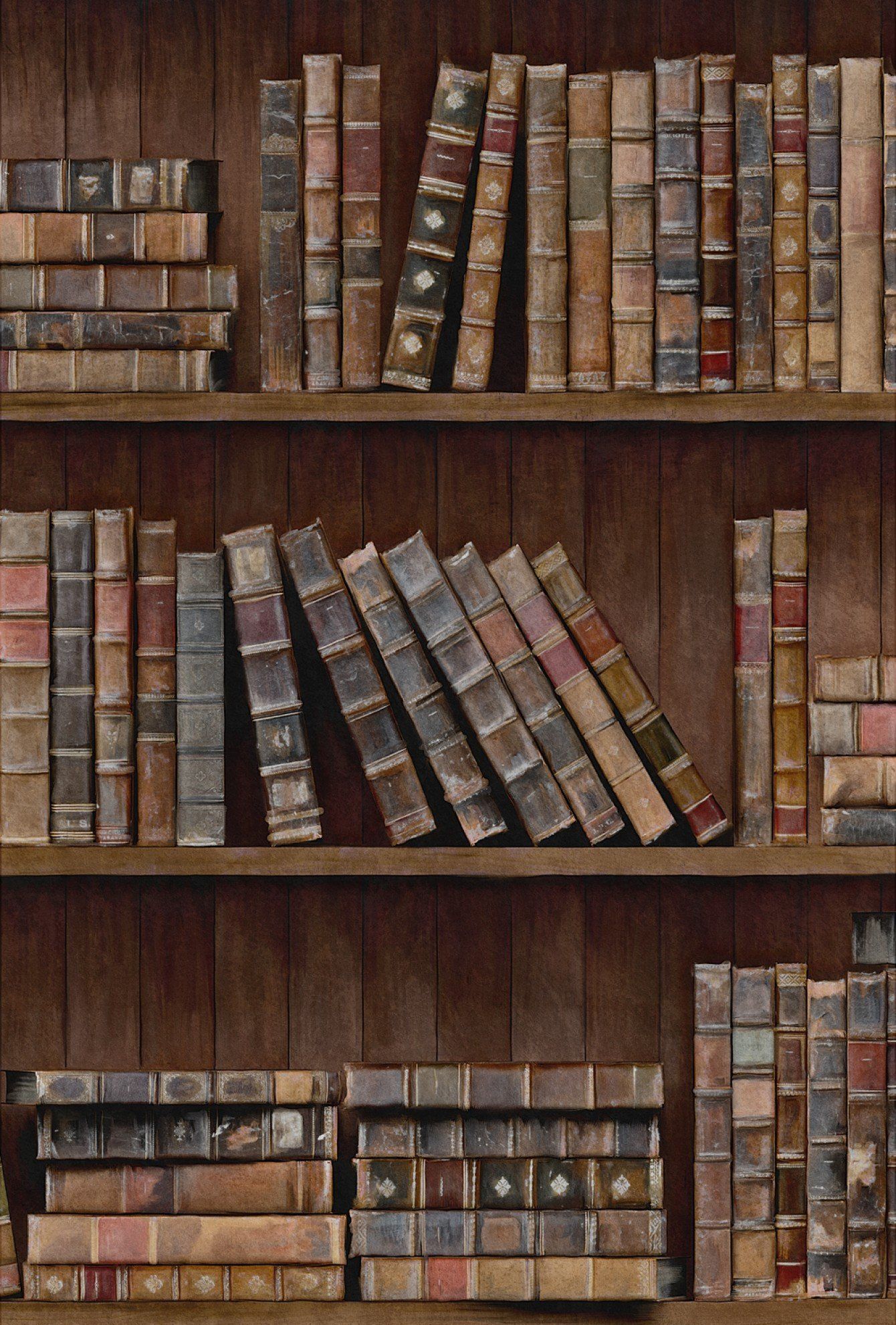 A painting of many old books on shelves - Library, bookshelf